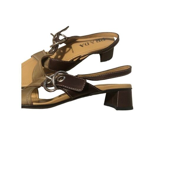 PRADA Sandals Crisscross Slingback Heels Leather Nylon Brown Size 36.5 - Picture 3 of 9